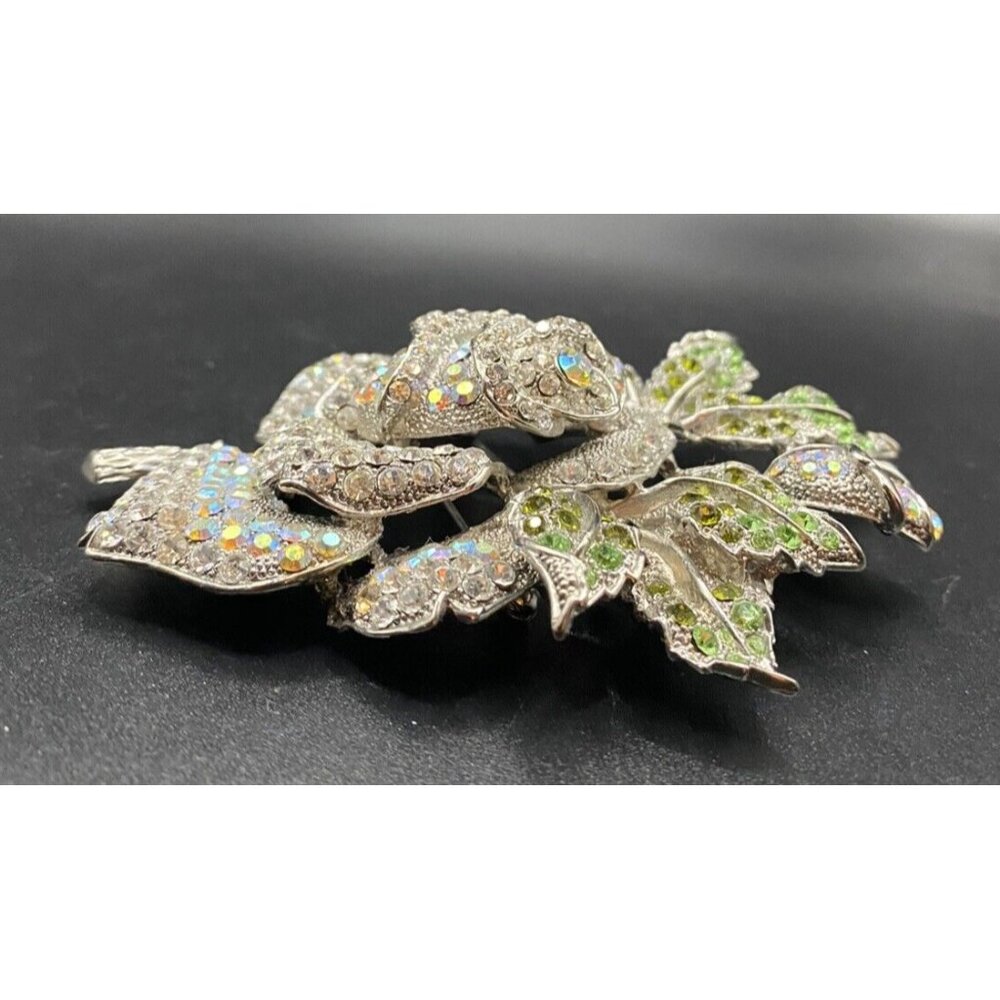 AB Clear Crystal Rose Brooch Huge 4" Silver Tone Thorns Green Leaves Rosebud - Picture 3 of 8